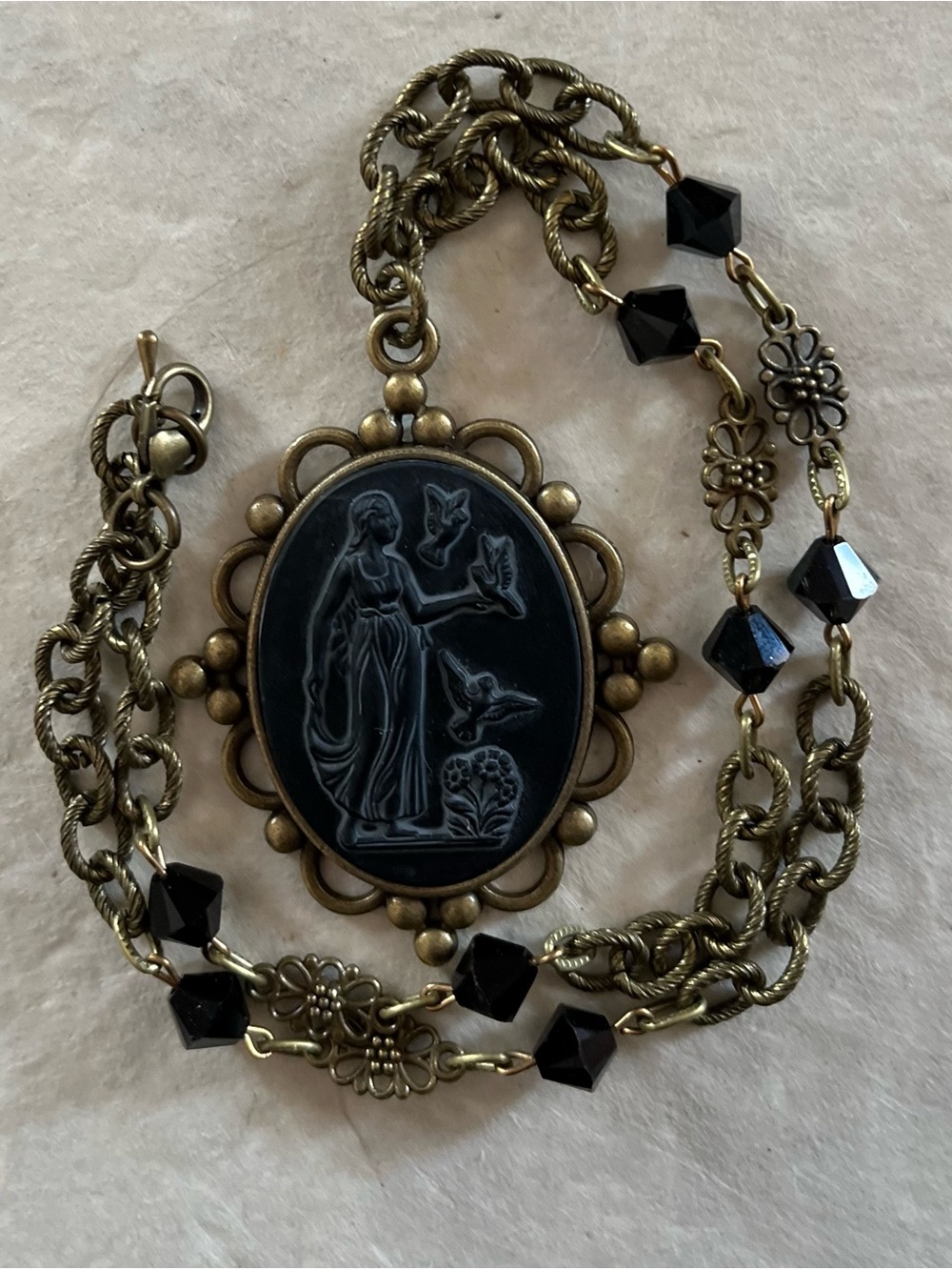 Vintage 1940s Black Glass Goddess Cameo Necklace with Brass Czech Chain